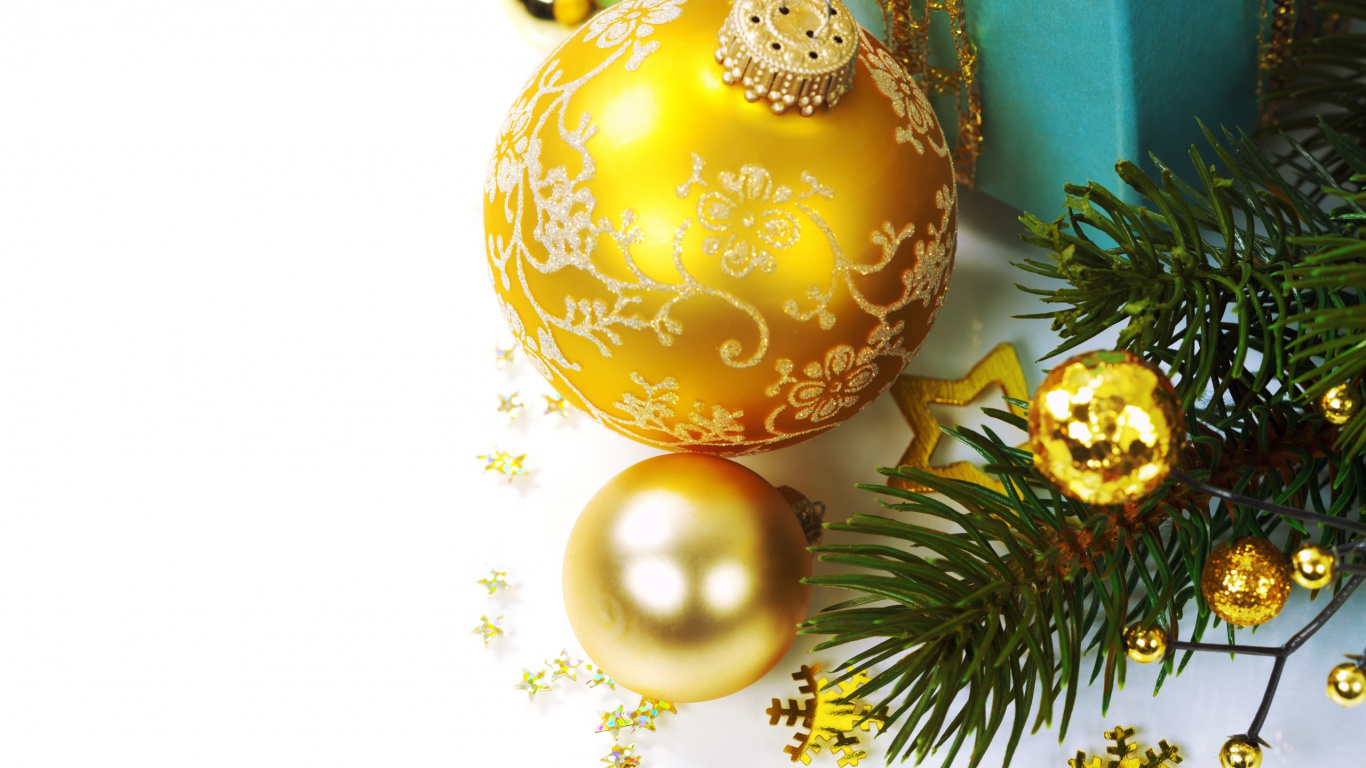 Обои Рождественский день, Новый год, рождественский орнамент, Рождественские украшения, желтый в разрешении 1366x768