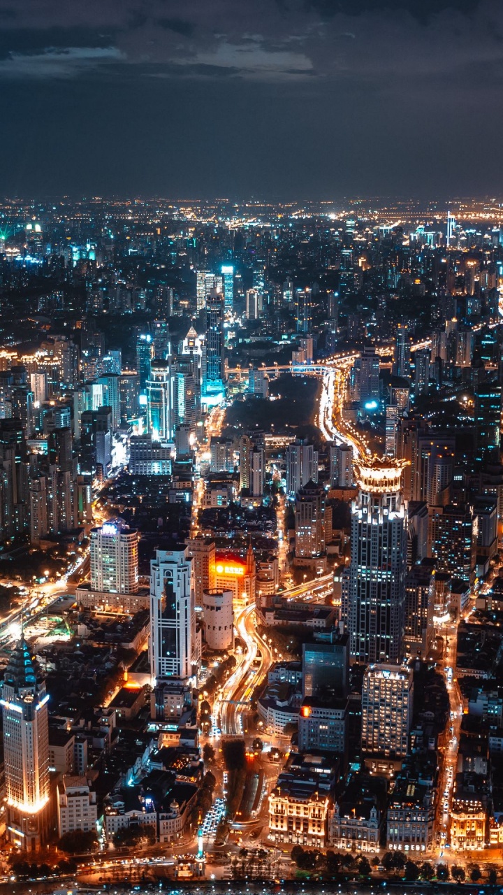 Обои ночной город с высоты птичьего полета, ночь, архитектура, городской пейзаж, постер в разрешении 720x1280