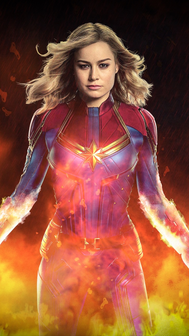 Обои Бри Ларсон, Капитан Марвел, Кэрол Денверс, пламя, иллюстрация в разрешении 720x1280