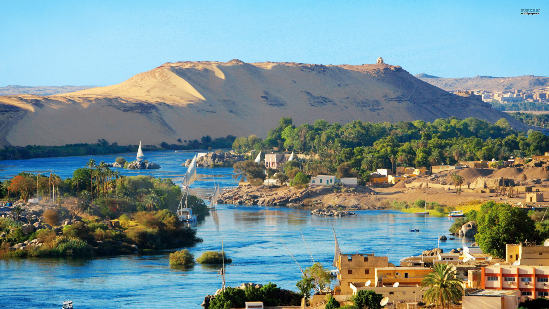 Обои Асуан, Луксор, Нил, побережье, гора в разрешении 1920x1080
