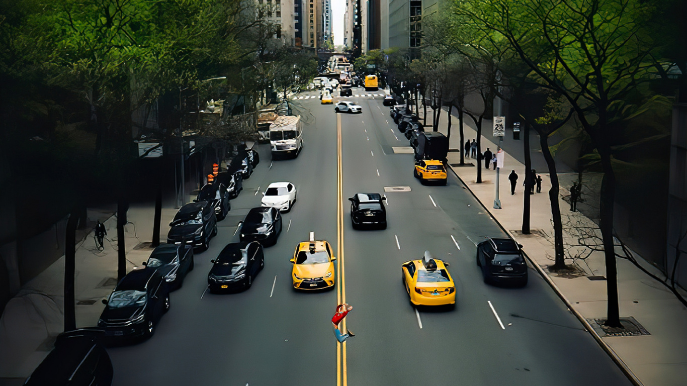 Обои городской автомобиль, легковые автомобили, здание, небоскреб, автомобильное освещение в разрешении 1366x768