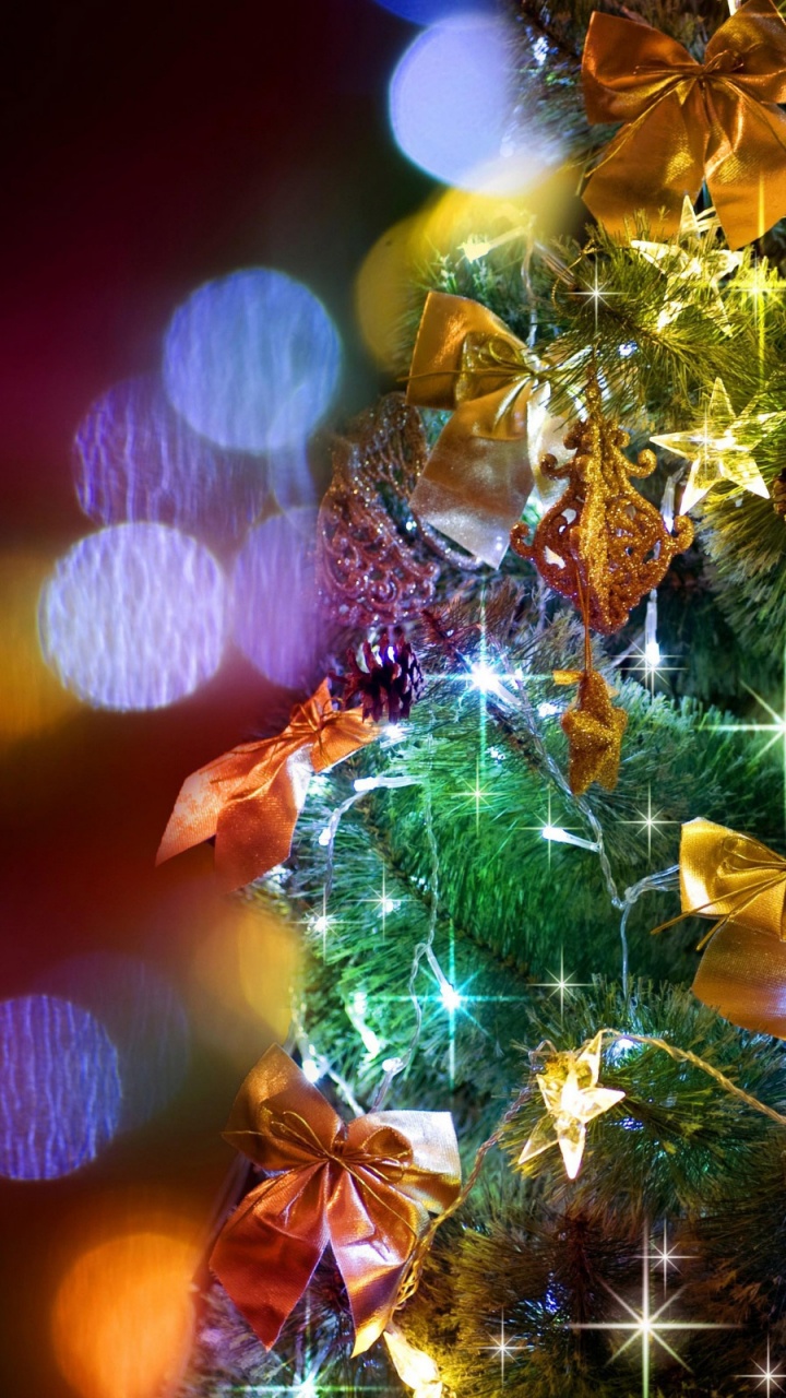 Обои Рождественский день, елка, рождественский орнамент, освещение, Рождественские украшения в разрешении 720x1280