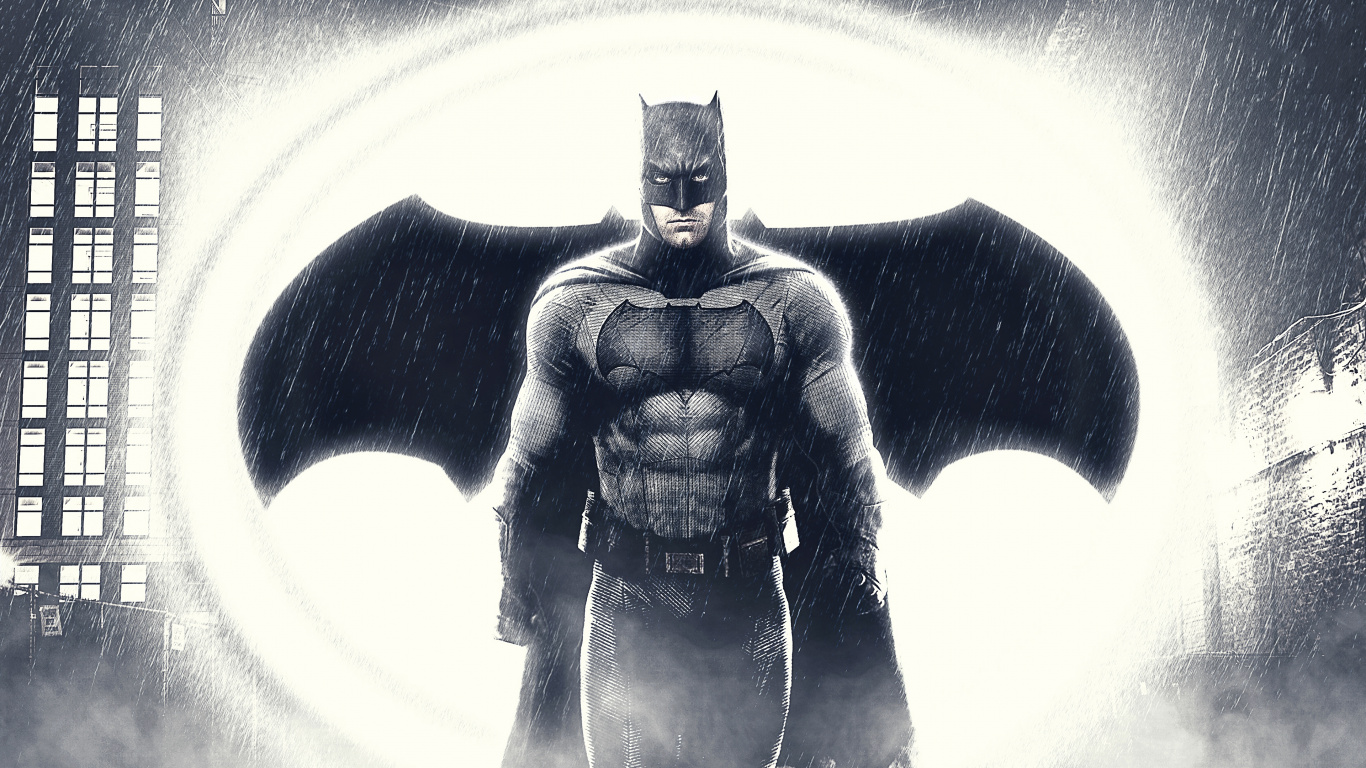 Обои Бэтмен, супергерой, Лига справедливости, иллюстрация, черный и белый в разрешении 1366x768