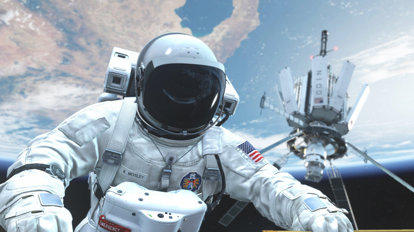 Обои call of duty ghosts, астронавт, шлем, космос, космическое пространство в разрешении 1366x768