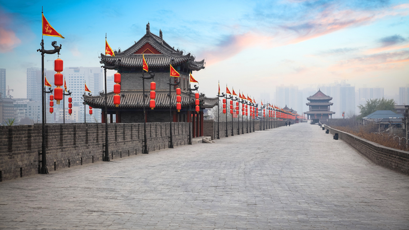 Обои китайская архитектура, ориентир, городок, достопримечательность, Сиань Китай Шелковый путь в разрешении 1366x768