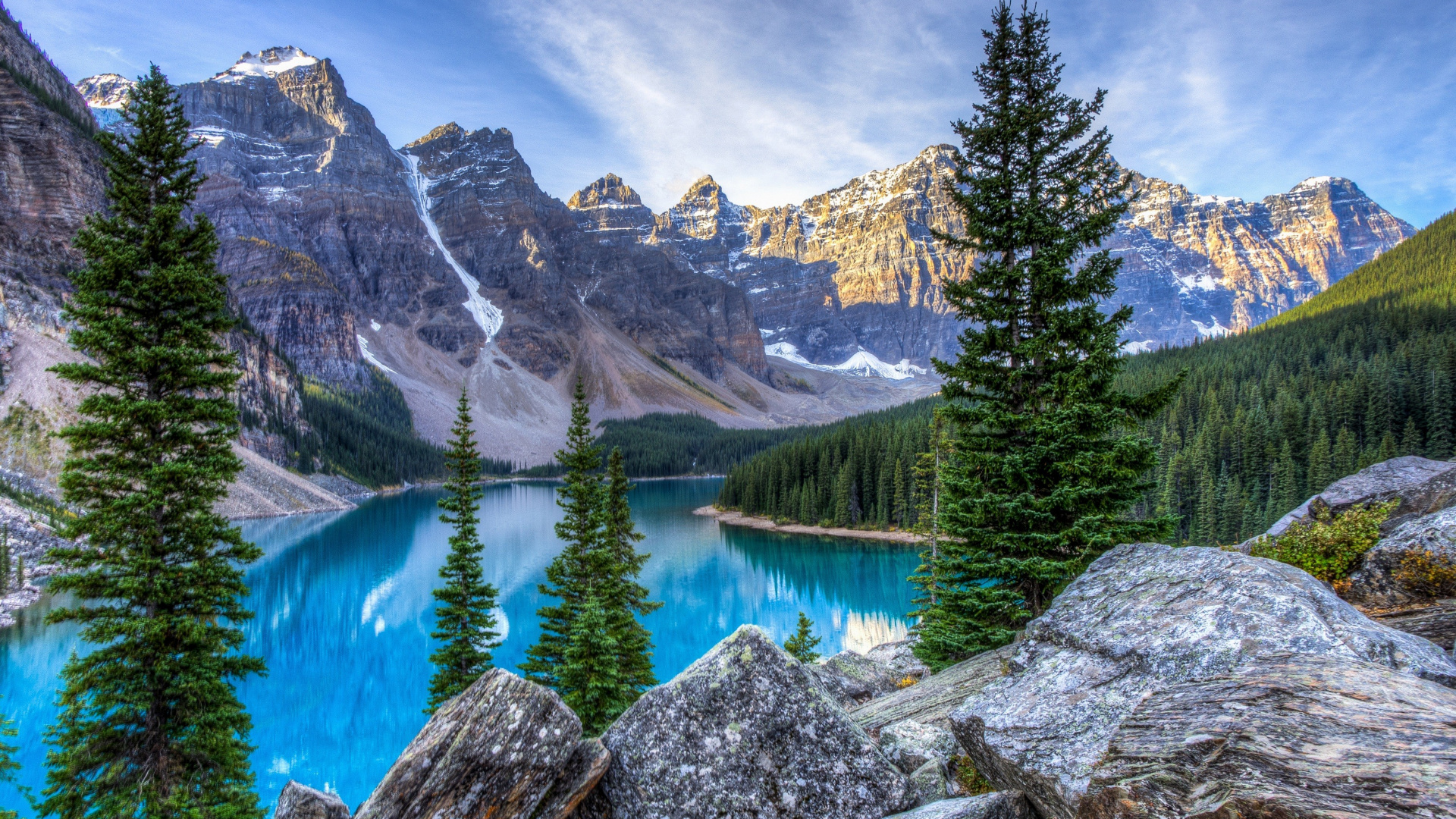 Обои моренное озеро, озеро, гора, природа, дикая местность в разрешении 1920x1080