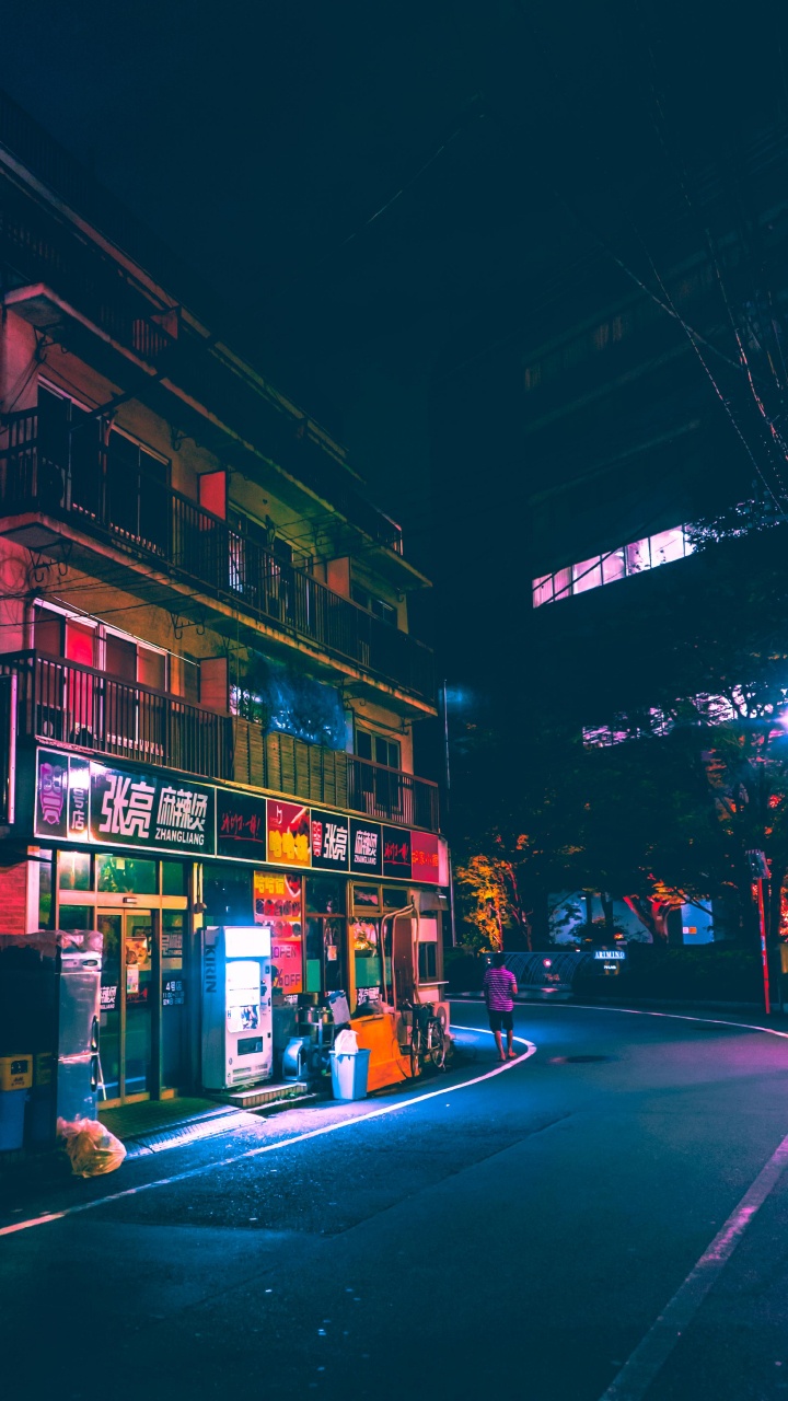 Обои ночь, городской район, городок, улица, метрополия в разрешении 720x1280