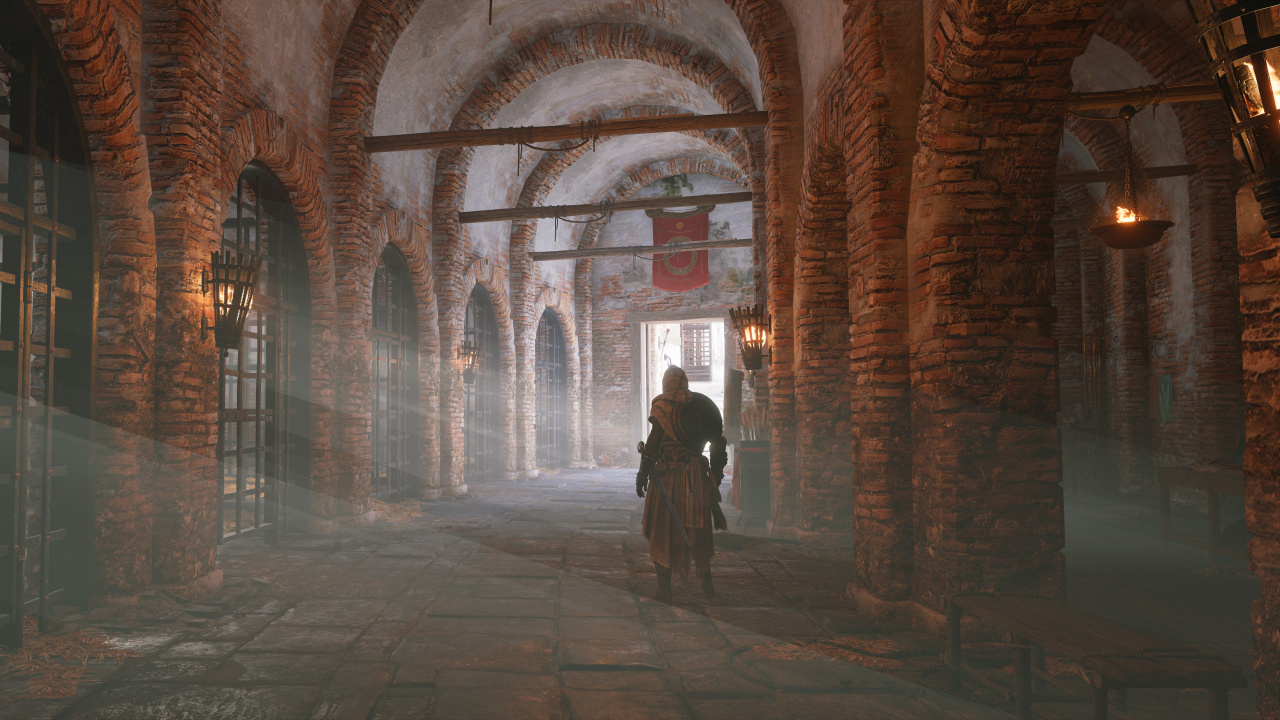 Обои assassins creed origins, святое место, здание, аркада, арка в разрешении 1280x720