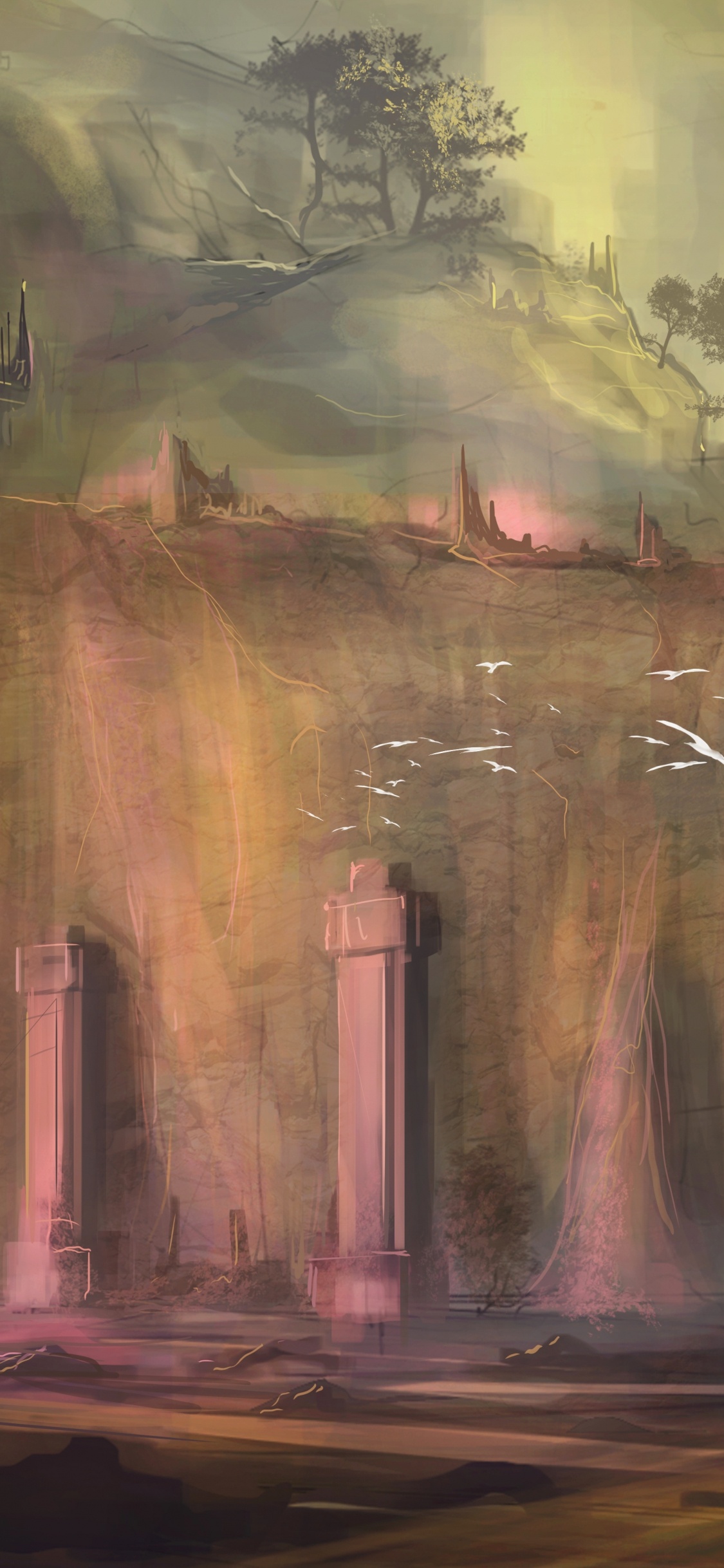 Обои живопись, арт, визуальное искусство, развалины, пейзаж в разрешении 1125x2436