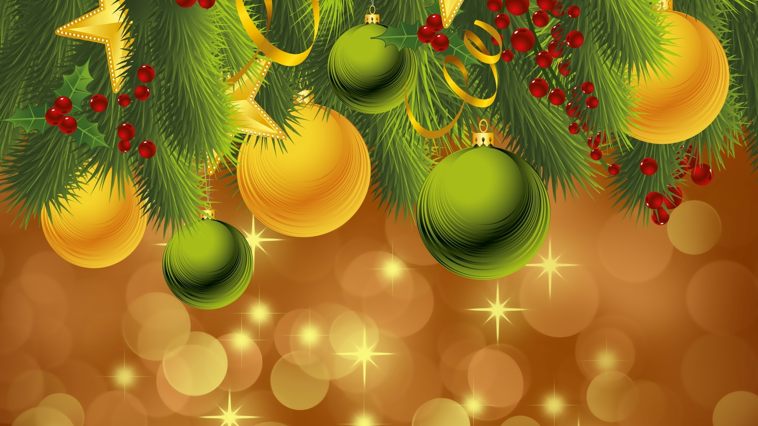 Обои Рождественский день, Новый год, рождественский орнамент, праздник, зеленый в разрешении 2560x1440