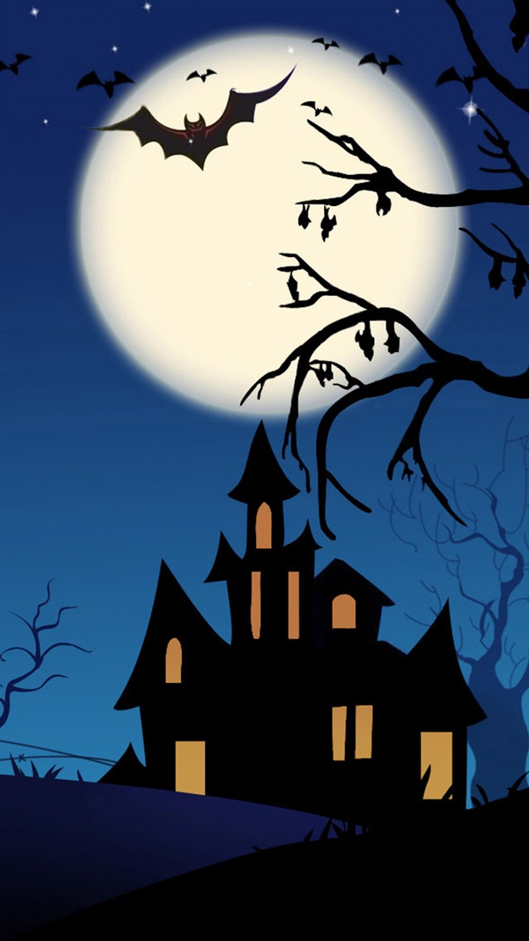 Обои ветвь, иллюстрация, дерево, Джек о фонарь, темнота в разрешении 1080x1920