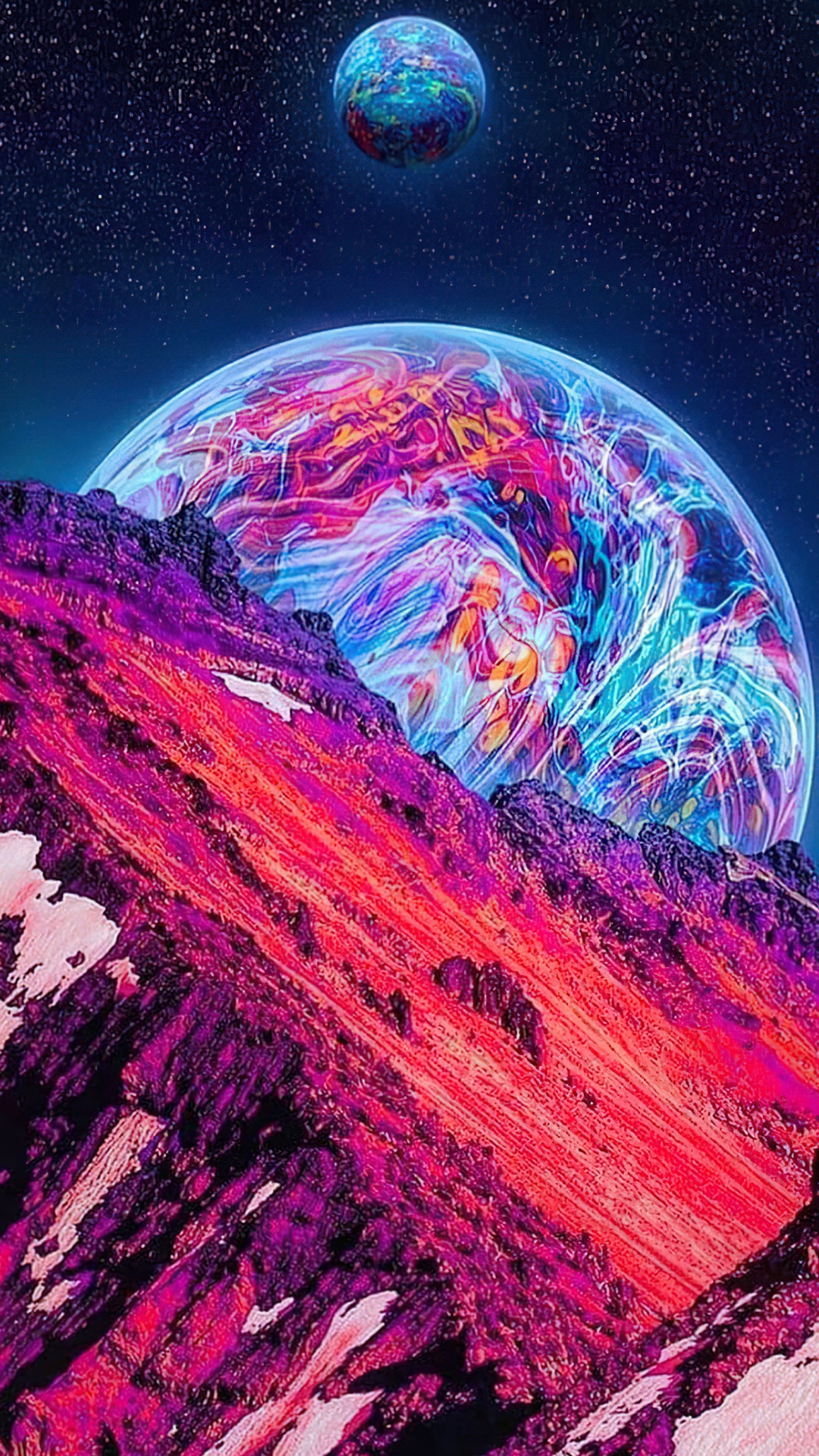 Обои неоновая галактика луна, мир, пурпур, природа, арт в разрешении 1080x1920