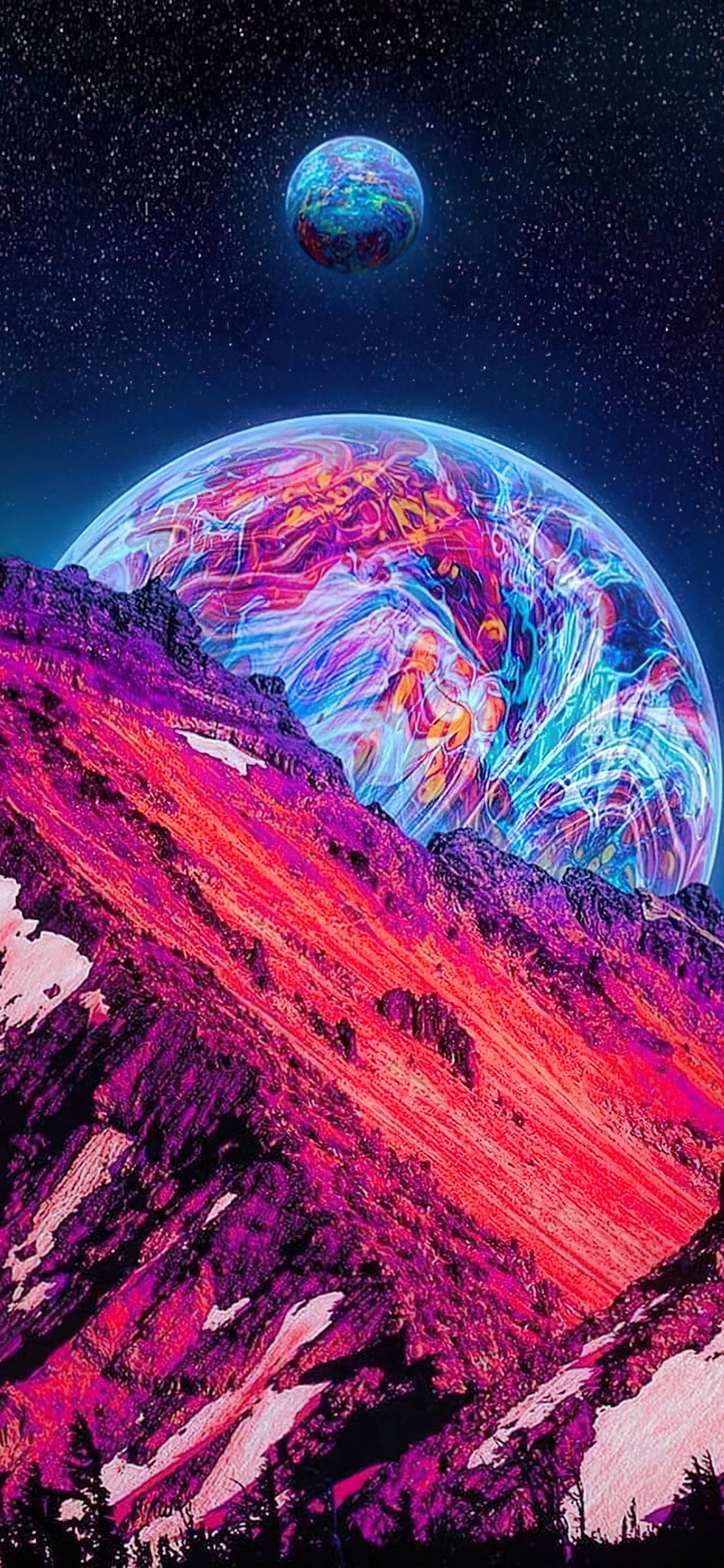 Обои неоновая галактика луна, мир, пурпур, природа, арт в разрешении 1125x2436