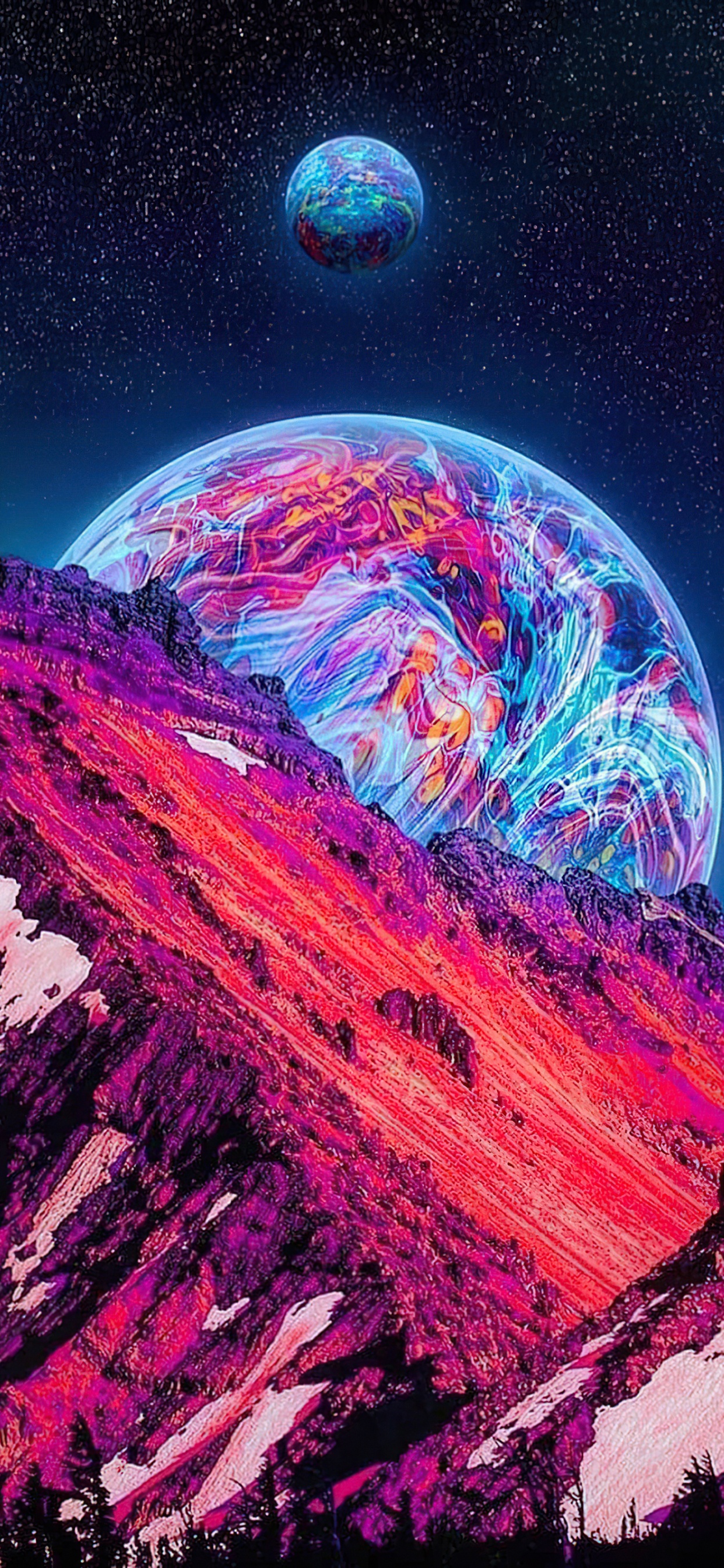Обои неоновая галактика луна, мир, пурпур, природа, арт в разрешении 1242x2688
