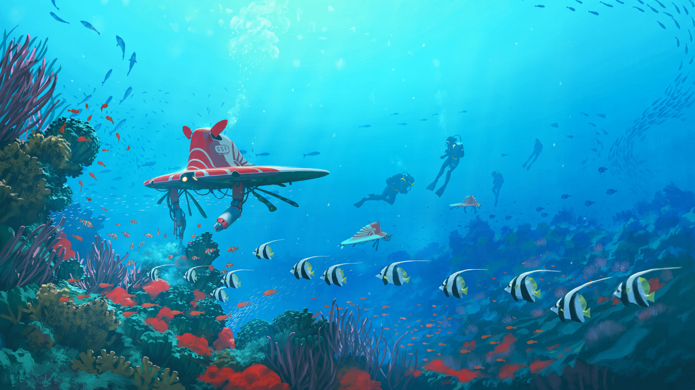 Обои Саймон Стленхаг Оушен, арт, Научная фантастика, цифровое искусство, океан в разрешении 1366x768