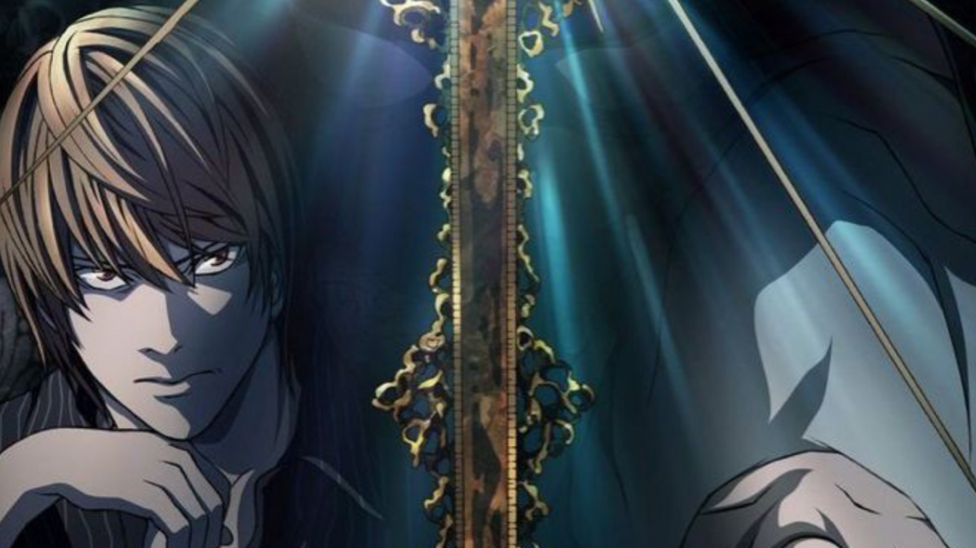 Обои постер с надписью «Тетрадь смерти», Ягами Лайт, рюк, тетрадь смерти, постер в разрешении 1366x768