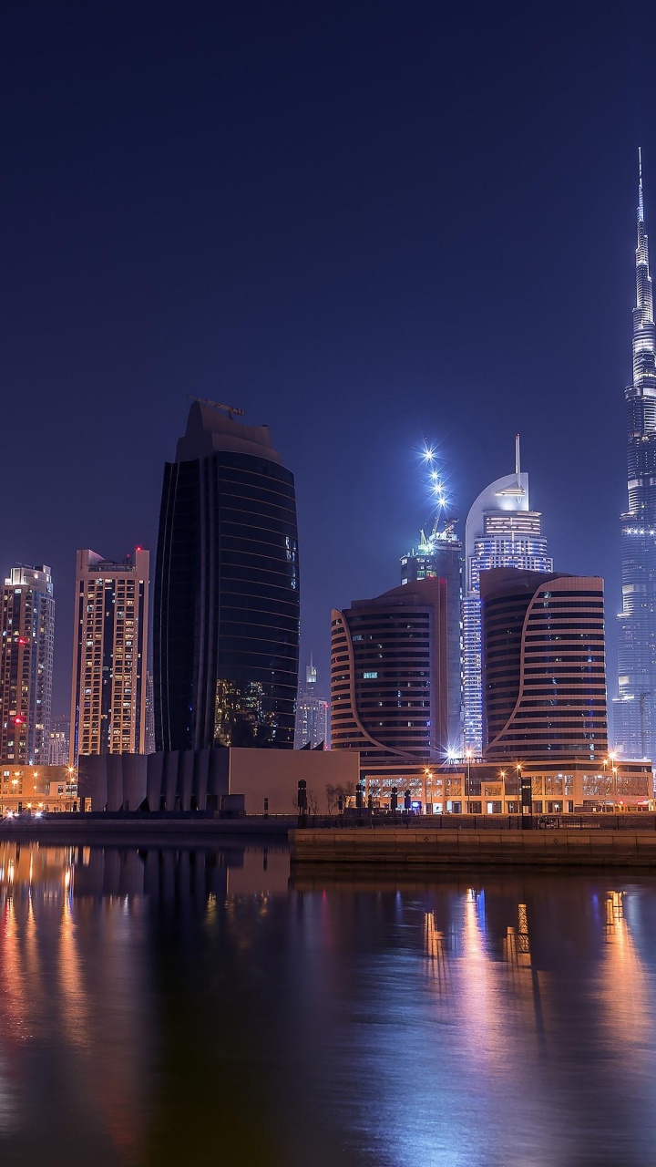 Обои Бурдж Халифа, городской пейзаж, город, ночь, линия горизонта в разрешении 720x1280