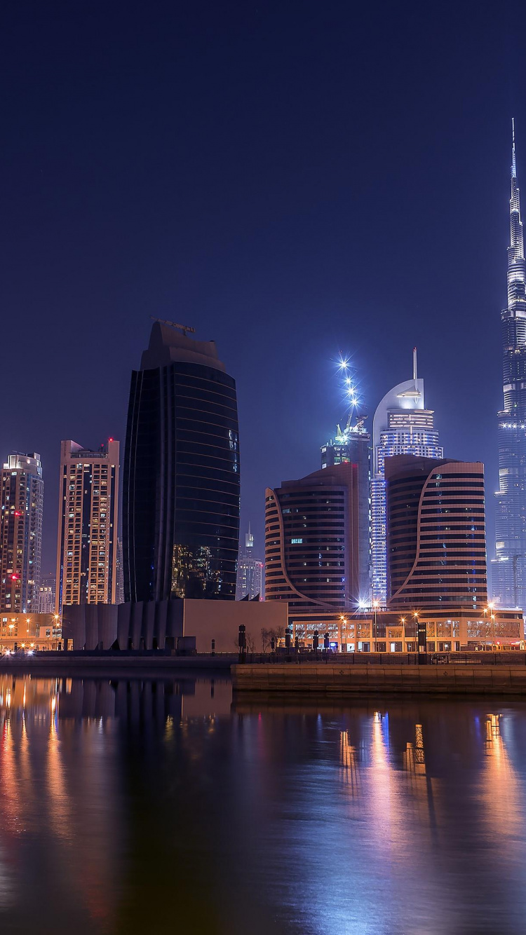 Обои Бурдж Халифа, городской пейзаж, город, ночь, линия горизонта в разрешении 750x1334