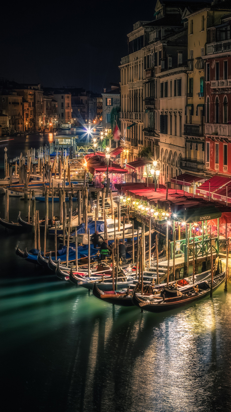 Обои Гранд-канал, мост Риальто, ночь, водный путь, канал в разрешении 750x1334