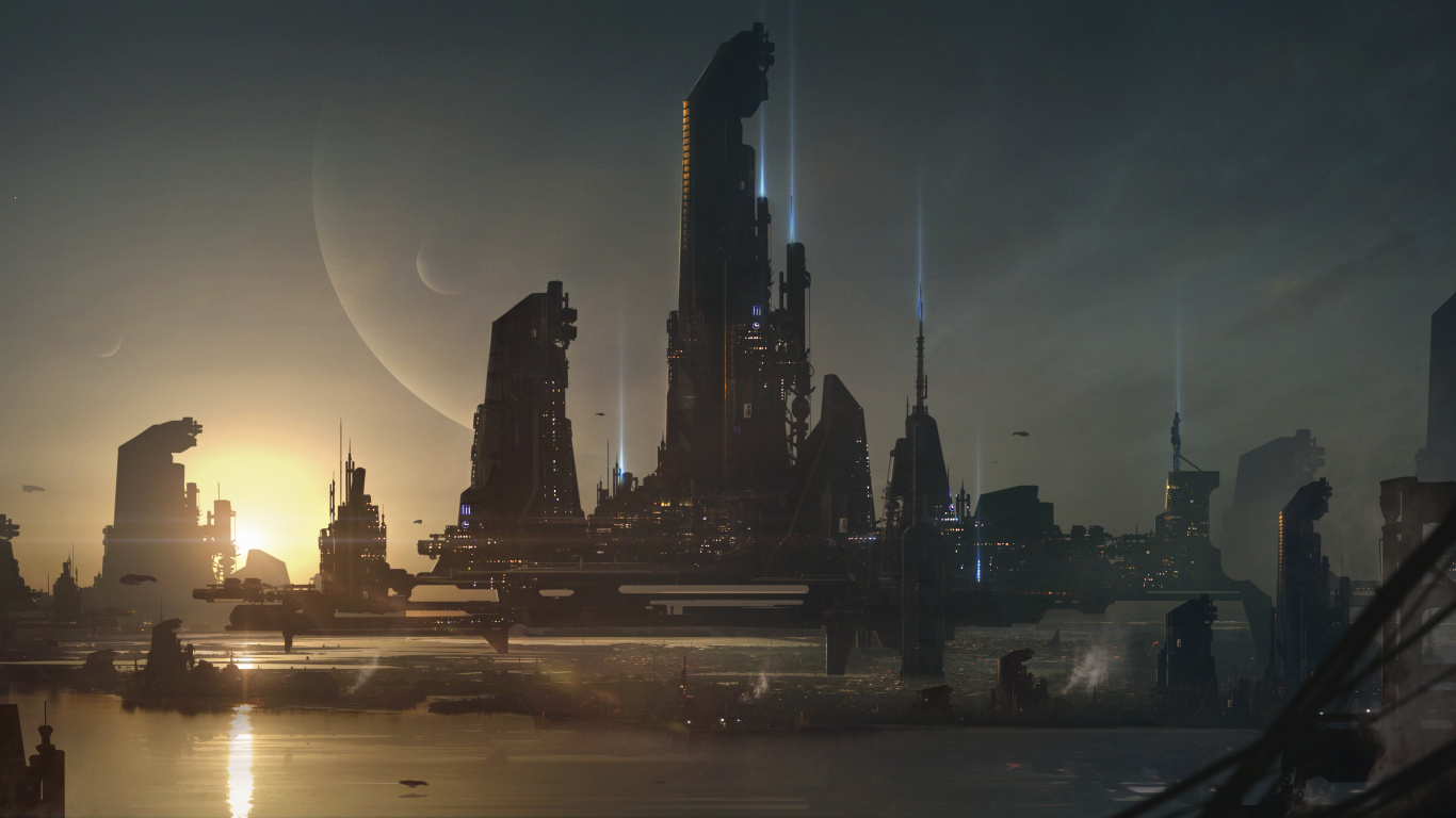 Обои Научная фантастика, город, городской пейзаж, линия горизонта, ночь в разрешении 1366x768