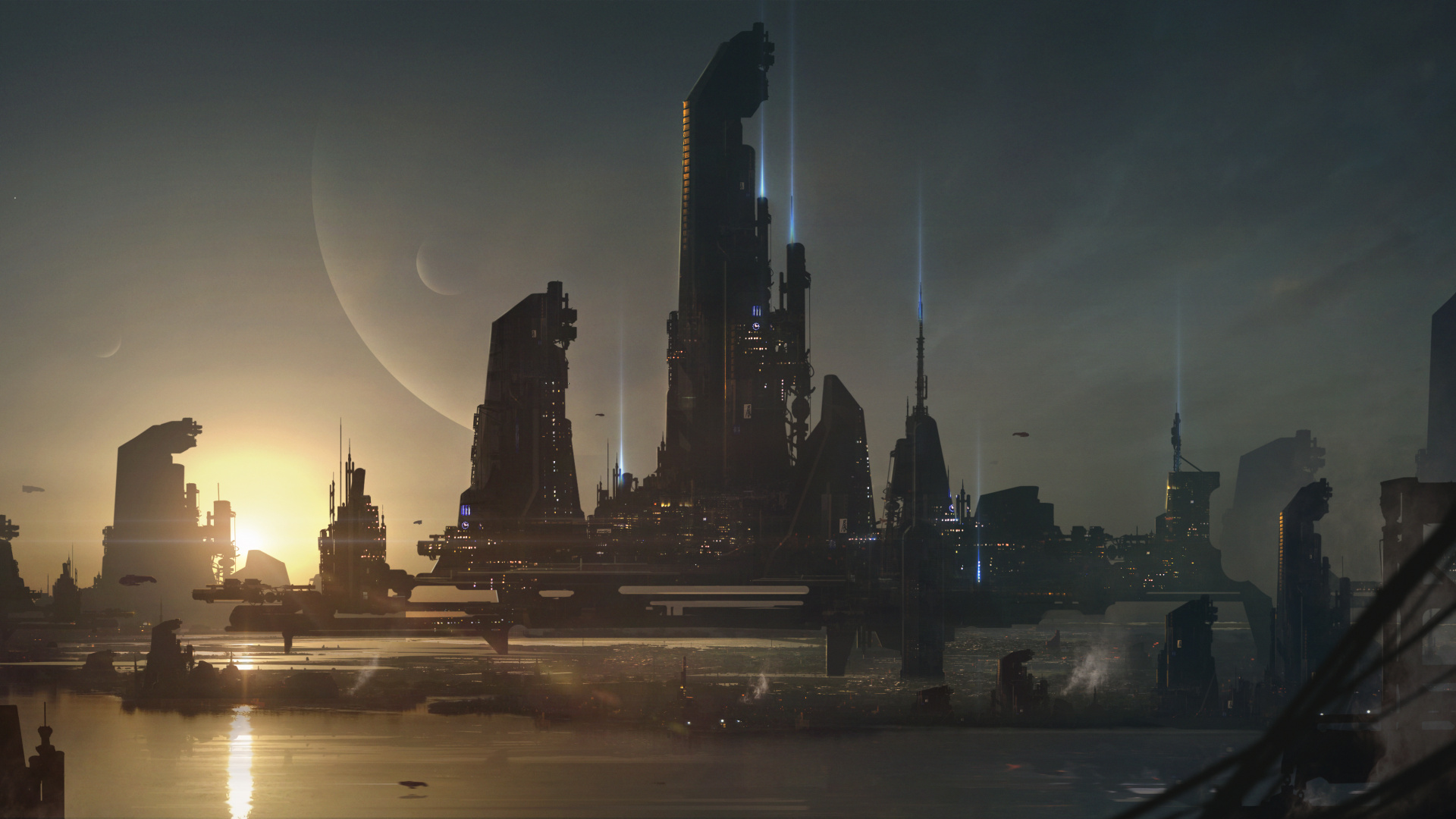 Обои Научная фантастика, город, городской пейзаж, линия горизонта, ночь в разрешении 1920x1080