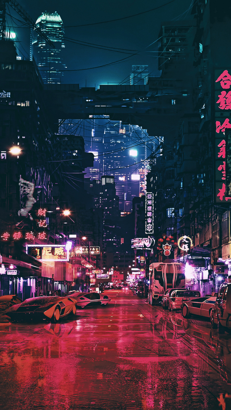 Обои Киберпанк, ночь, метрополия, город, городской пейзаж в разрешении 750x1334