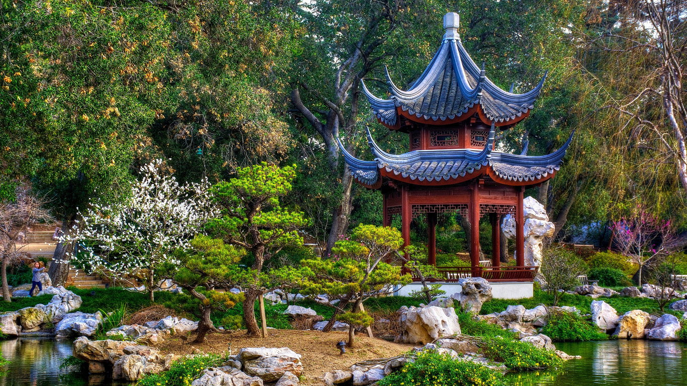 Обои сад, японский сад, бельведер, китайская архитектура, дерево в разрешении 1366x768