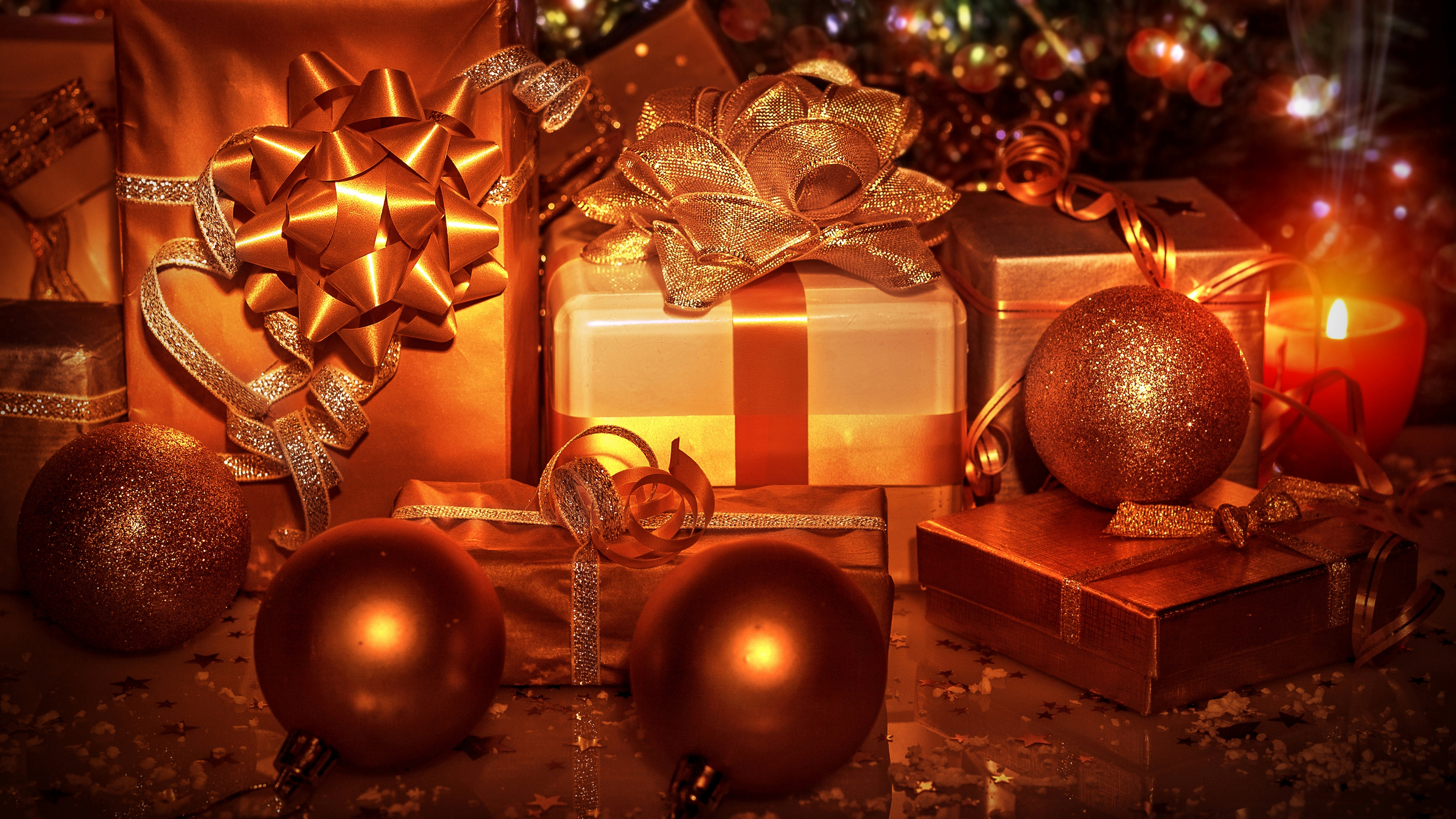 Обои Рождественский день, рождественский орнамент, елка, Новый год, Рождественские украшения в разрешении 3840x2160