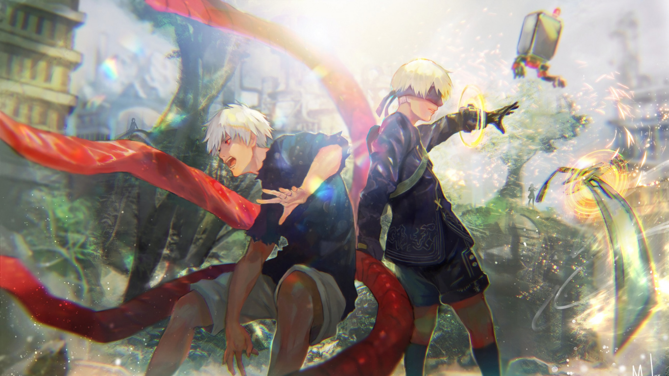 Обои Ниэр автоматов Токийский гуль, ниэр автоматов, Кен kaneki, Токио вурдалак, фан арт в разрешении 1366x768