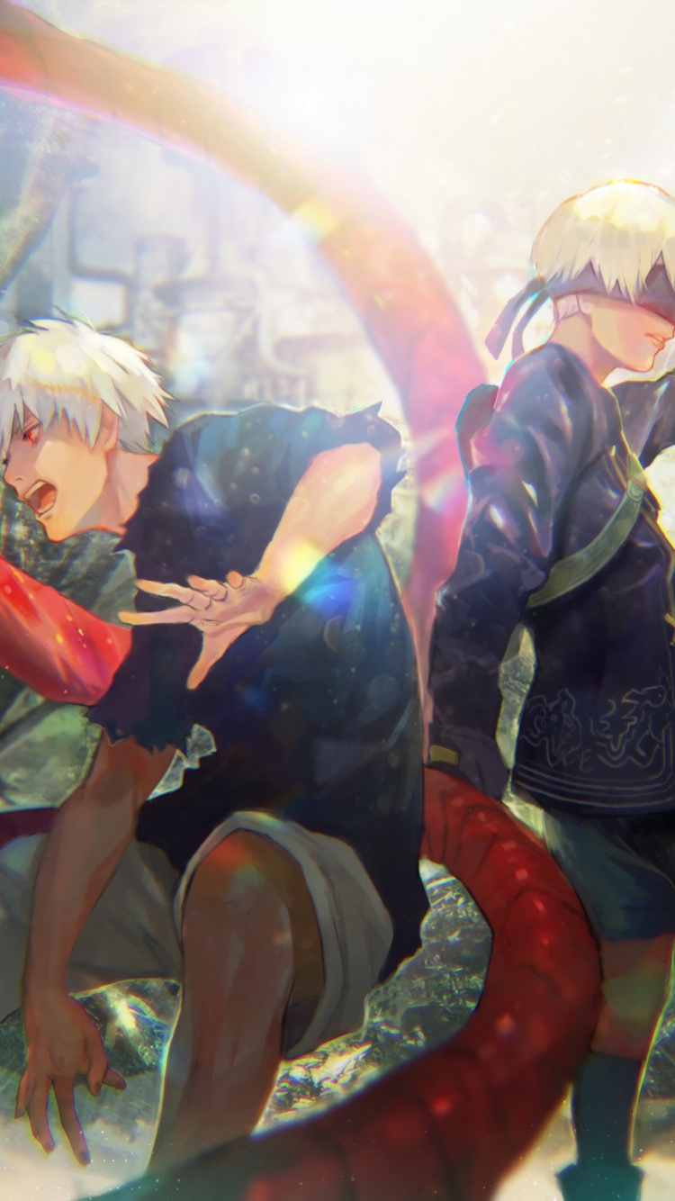 Обои Ниэр автоматов Токийский гуль, ниэр автоматов, Кен kaneki, Токио вурдалак, фан арт в разрешении 750x1334