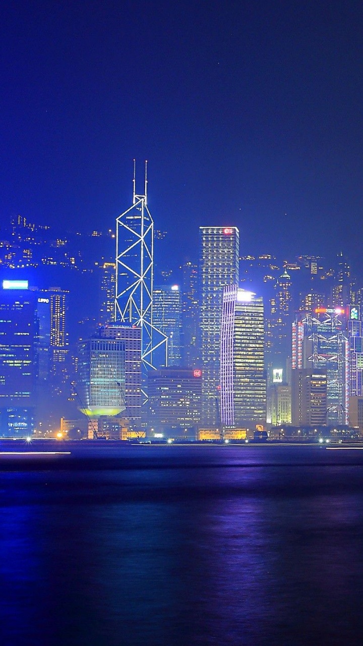 Обои Гавань Виктория, ночь, городской пейзаж, город, линия горизонта в разрешении 720x1280