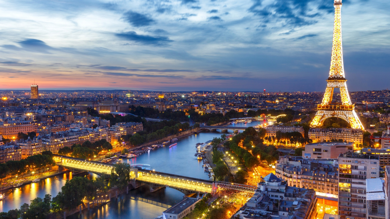 Обои Эйфелева башня, вышка, городской пейзаж, ориентир, город в разрешении 1366x768