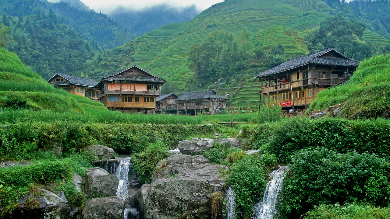 Обои Рисовые Террасы Лунцзи, гидроресурсы, природа, вода, горная станция в разрешении 1280x720