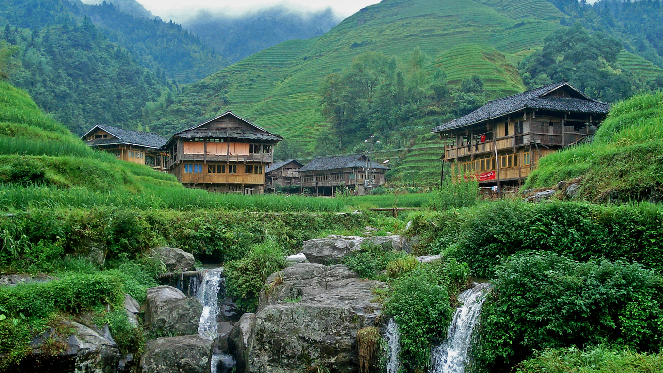 Обои Рисовые Террасы Лунцзи, гидроресурсы, природа, вода, горная станция в разрешении 1366x768