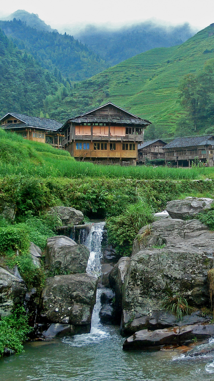 Обои Рисовые Террасы Лунцзи, гидроресурсы, природа, вода, горная станция в разрешении 750x1334