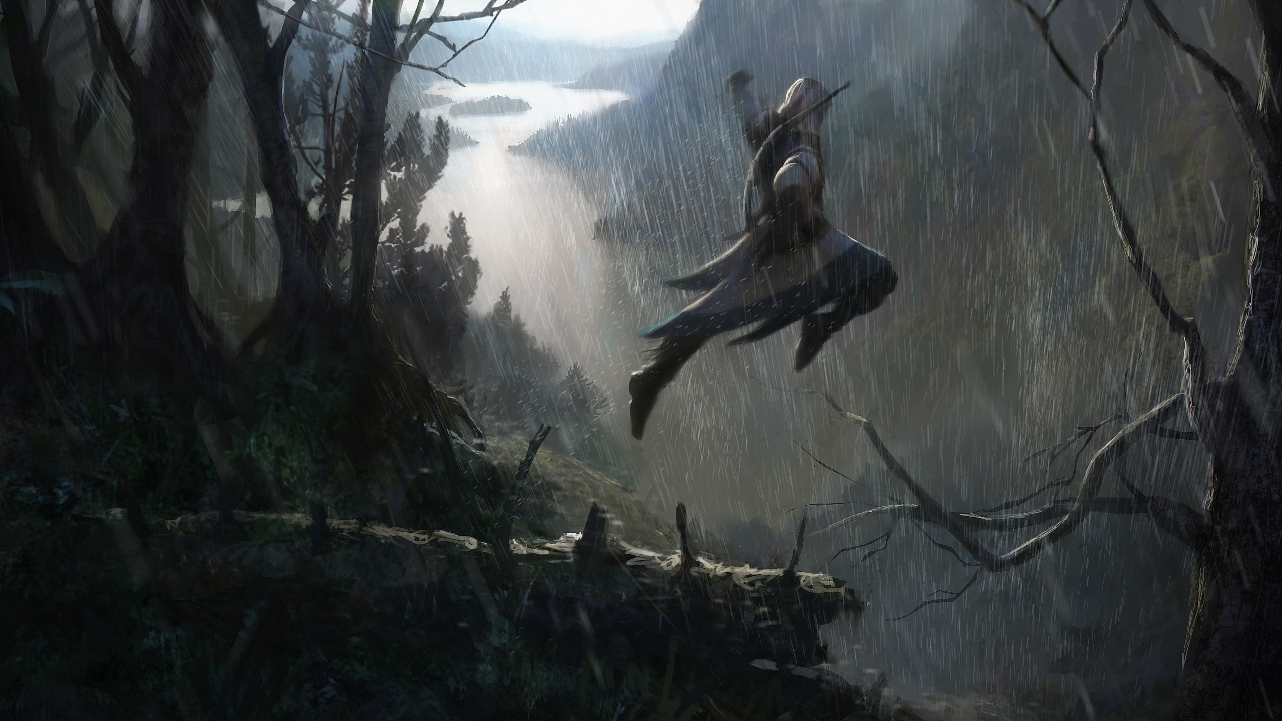 Обои Assassins Creed III, assassins creed, лес, темнота, арт в разрешении 2560x1440