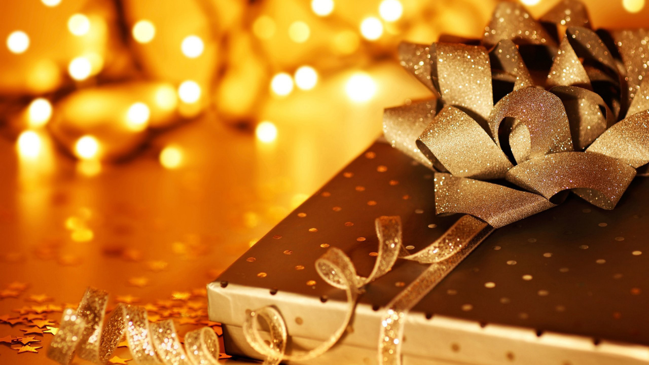 Обои подарок, лента, подарочная упаковка, Сочельник, Рождественские украшения в разрешении 1280x720