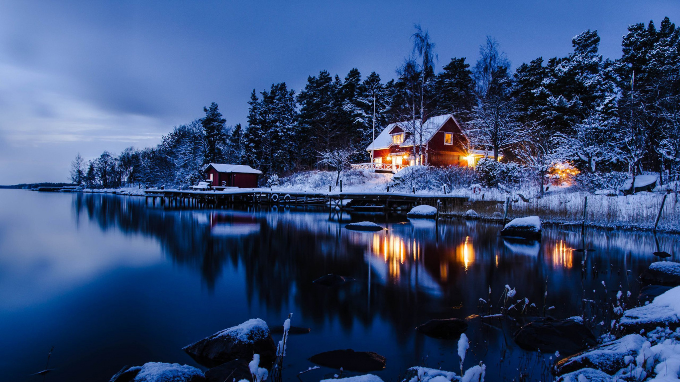 Обои Стокгольм, снег, зима, отражение, природа в разрешении 1366x768