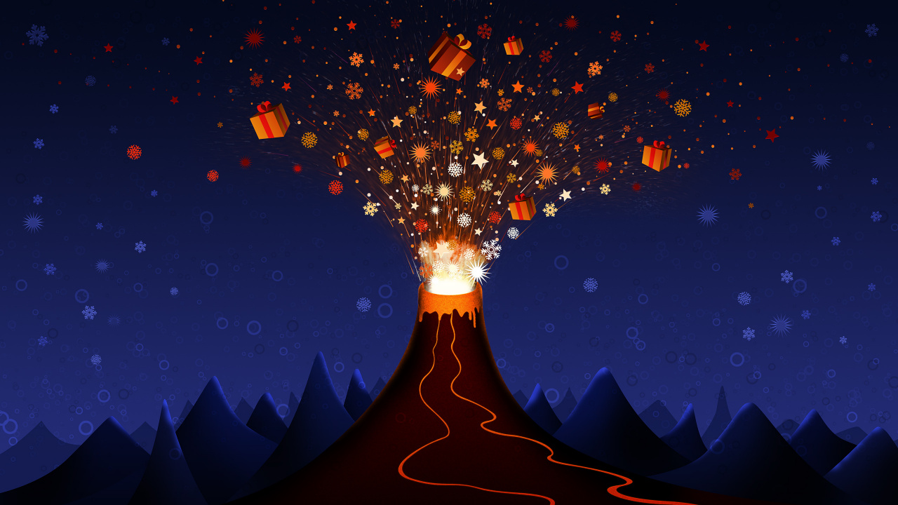 Обои рождественские вулкан, Рождественский день, вулкан, космос, ночь в разрешении 1280x720