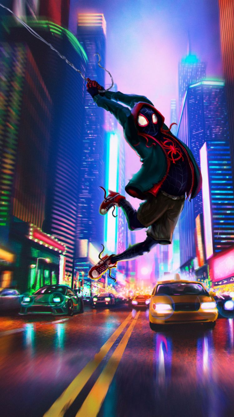 Обои Человек-паук: Через вселенные, человек-паук, Майлз Моралес, отпускание, анимация в разрешении 750x1334