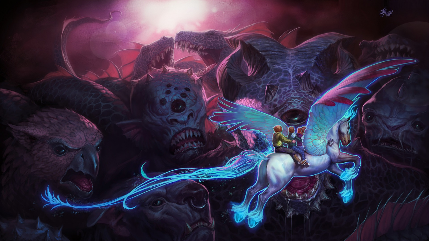 Обои Пегас, дракон, вымышленный персонаж, мифическое существо, фан арт в разрешении 1366x768