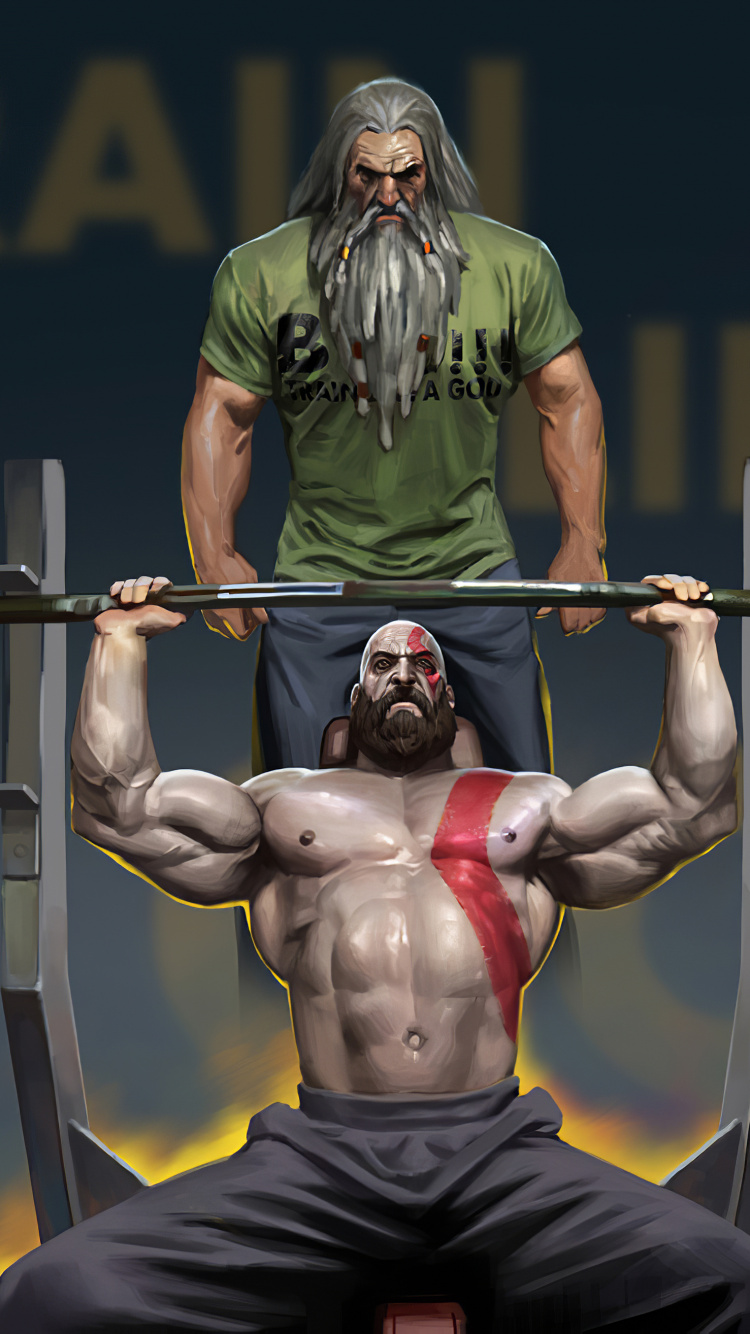 Обои Кратос обучение, god of war, кратос, штангист, штанга в разрешении 750x1334