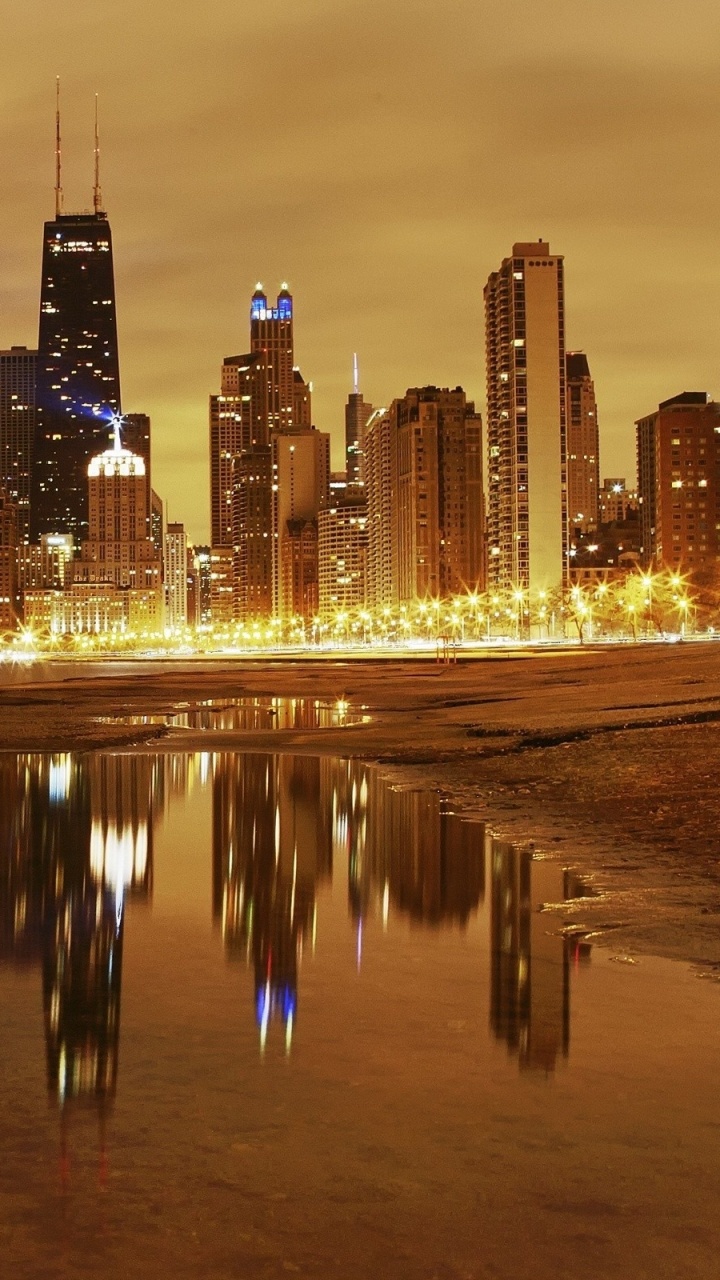 Обои Чикаго, городской пейзаж, отражение, городской район, ночной в разрешении 720x1280