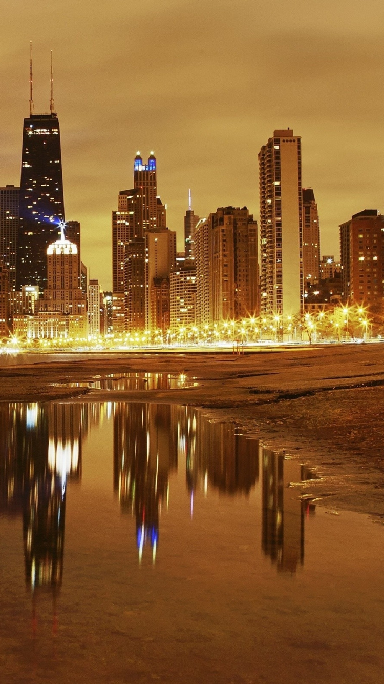 Обои Чикаго, городской пейзаж, отражение, городской район, ночной в разрешении 750x1334