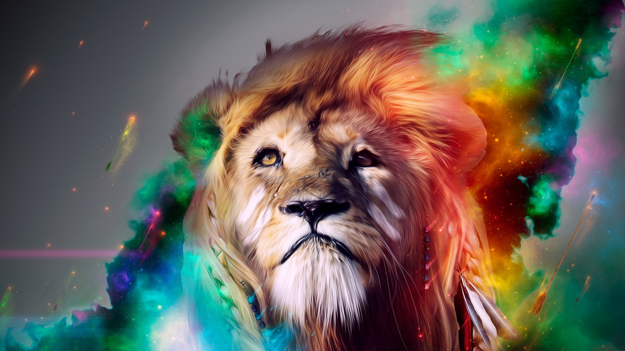 Обои Лев, кошачьих, живопись, морда, арт в разрешении 1280x720