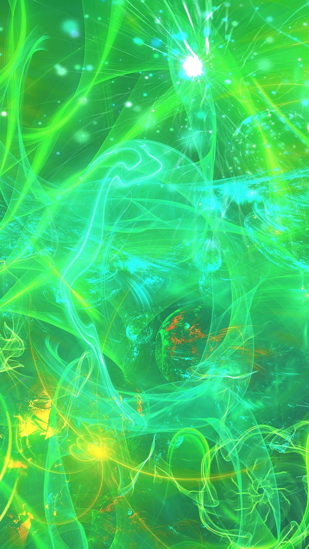 Обои абстракция, зеленый, фрактальное искусство, свет, вода в разрешении 1080x1920