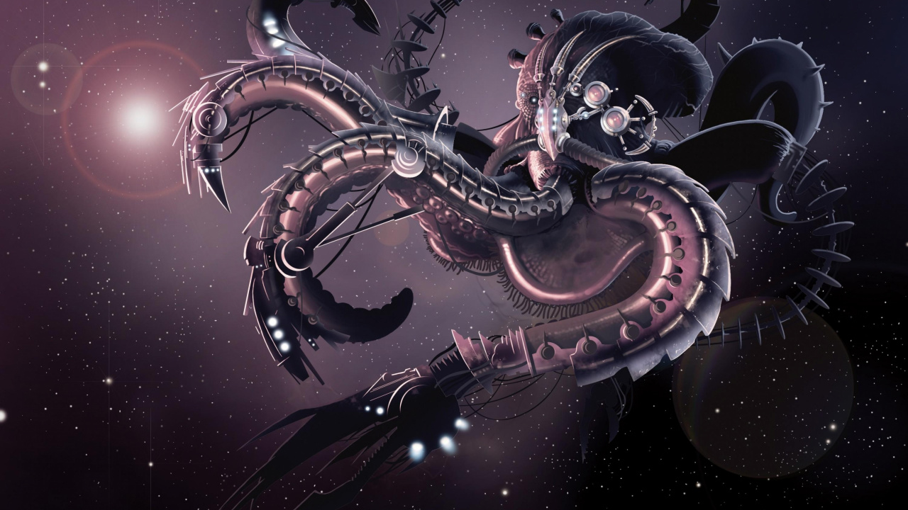 Обои робот, иллюстрация, космос, фрактальное искусство, щупальце в разрешении 1280x720