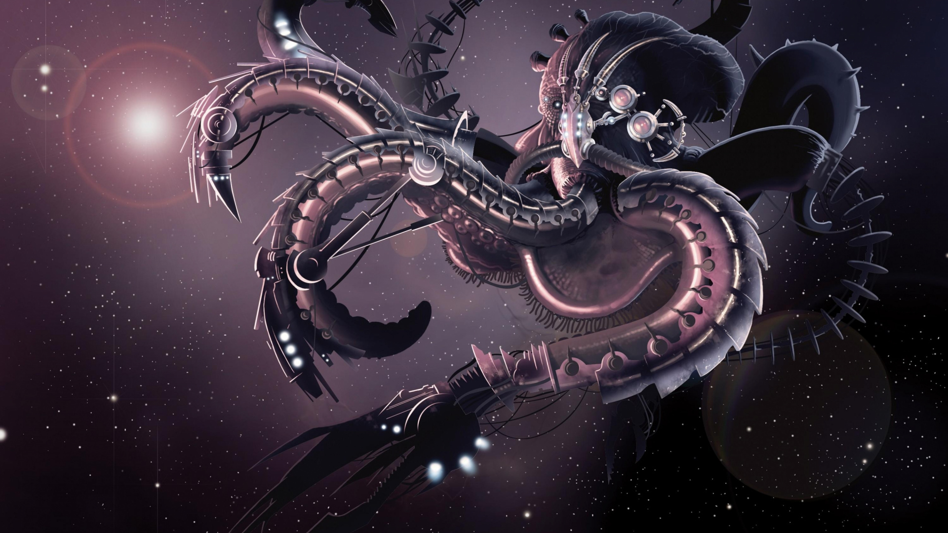 Обои робот, иллюстрация, космос, фрактальное искусство, щупальце в разрешении 1920x1080