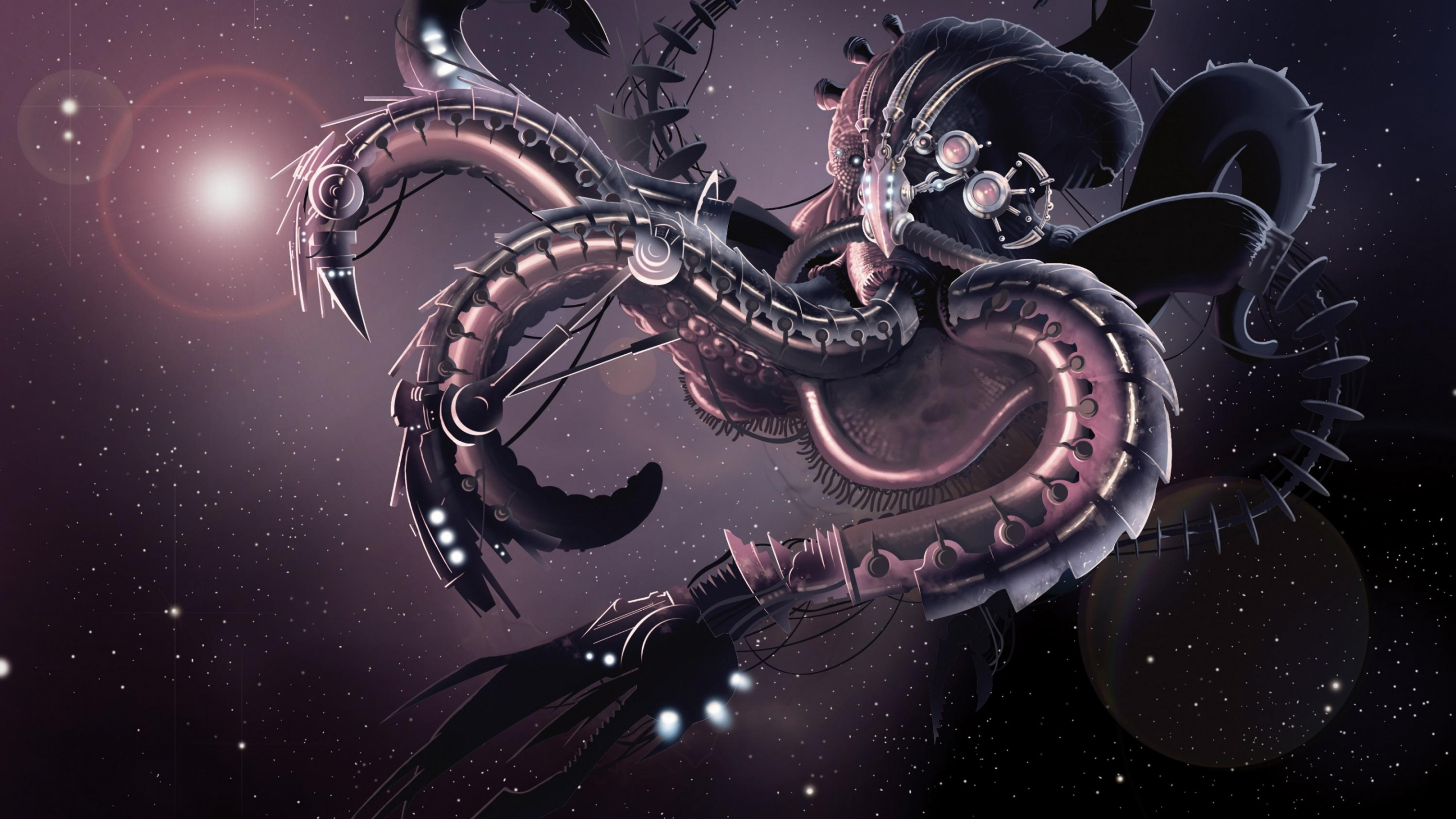 Обои робот, иллюстрация, космос, фрактальное искусство, щупальце в разрешении 2560x1440
