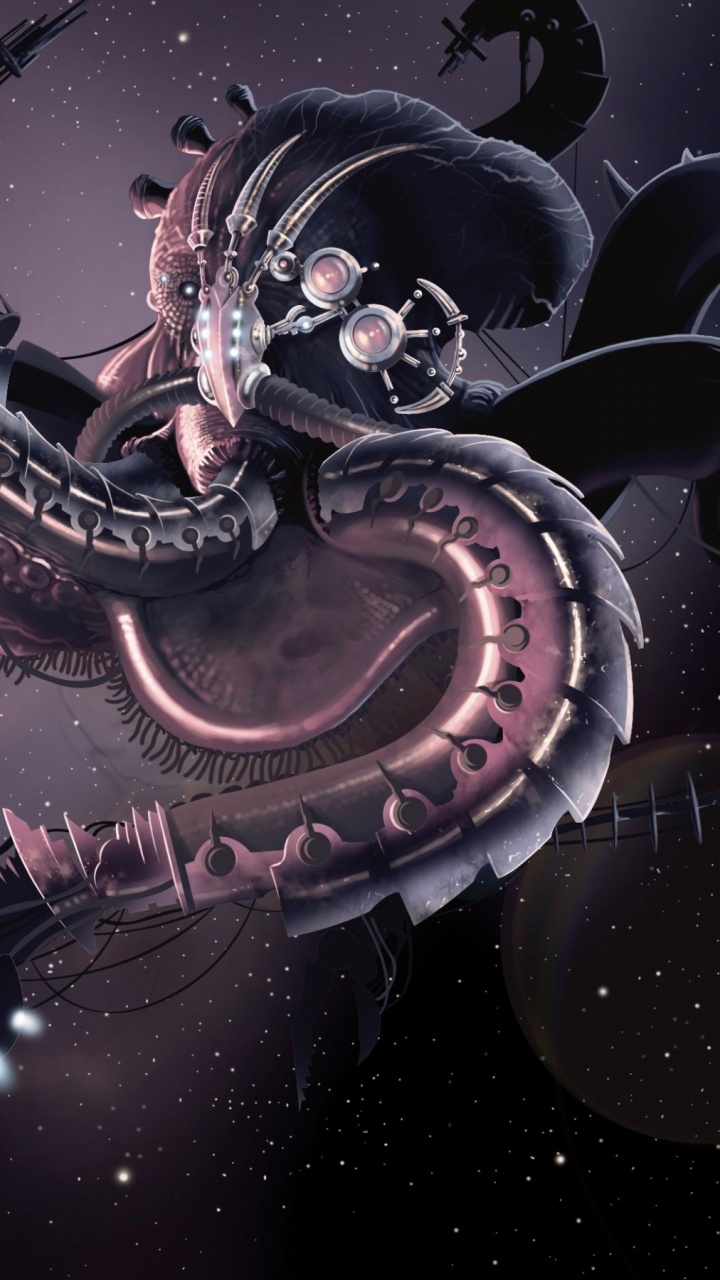 Обои робот, иллюстрация, космос, фрактальное искусство, щупальце в разрешении 720x1280